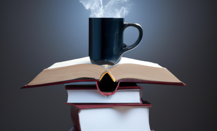 A steaming coffee cup on a law book