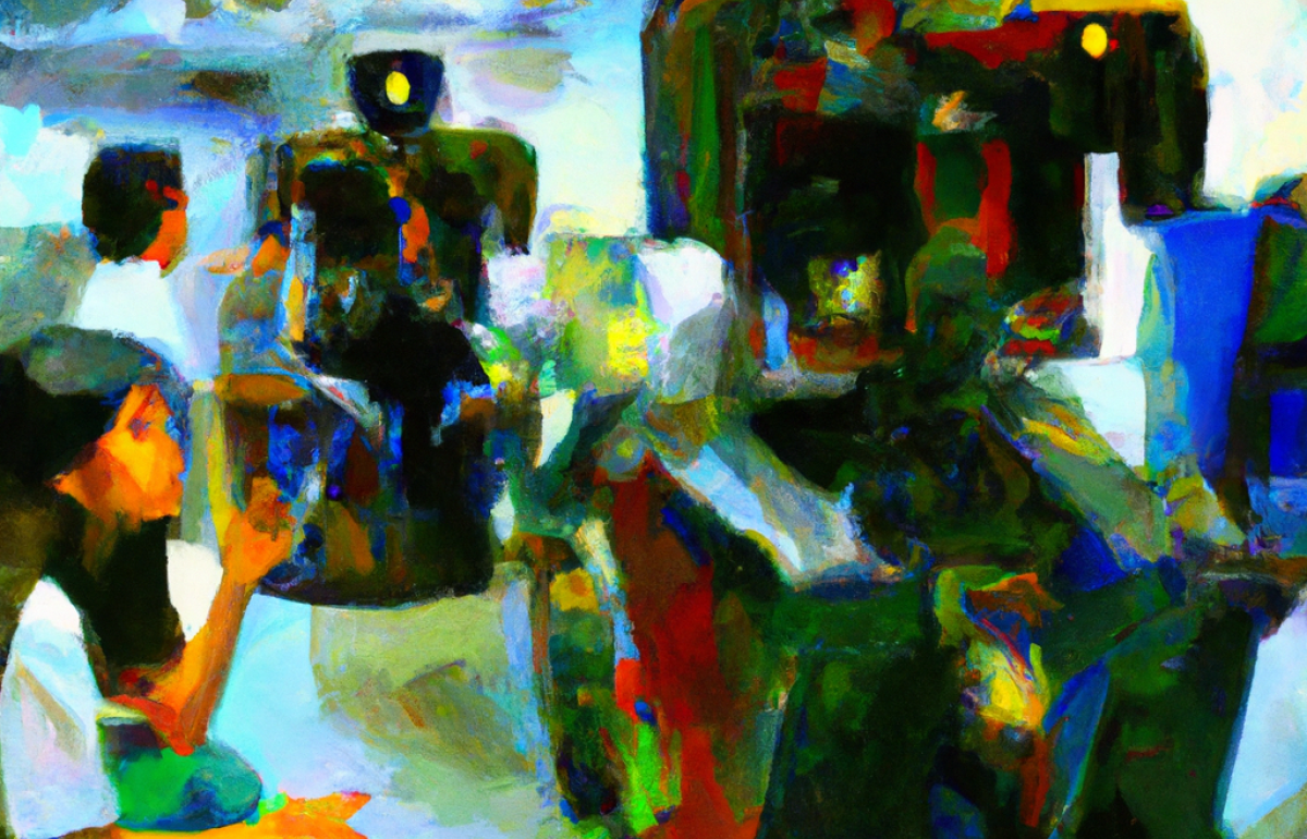 An expressive oil painting of students interacting with robotic technology. Created by DALL-E