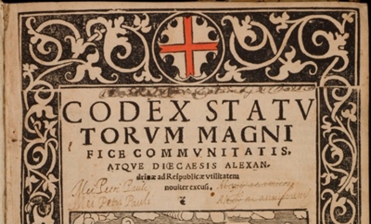 Front page of Codex statutorum magnifice communitatis, atque dioecaesis Alexandrinae ad reipublicae utilitatem noviter excusi