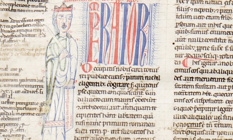 A historical manuscript page with a red and blue line drawing of an individual.