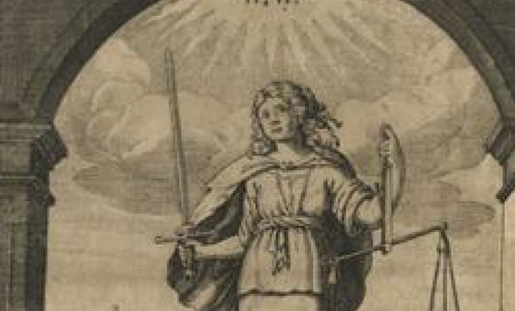 Print of Justitia, Lady Justice holding scales and a sword