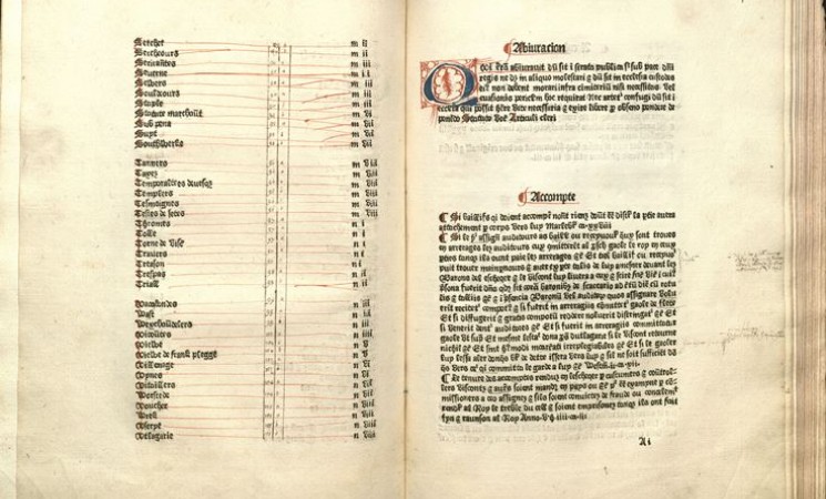 Two pages from the Abbreviamentum statutorum, the very first printed book of English law. From the collection of Anthony Taussig.