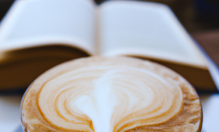 Cup of coffee with swirling milk and a book