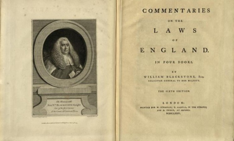 Scan of the first two pages of Blackstone's Commentaries on the Laws of England, with an image of William Blackstone