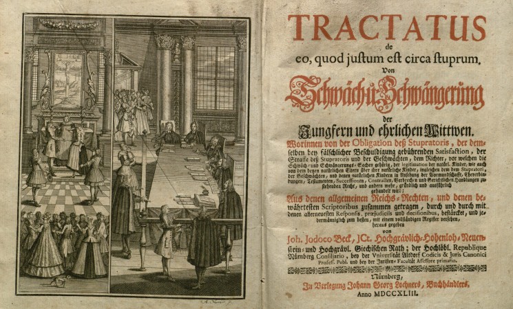 Woman and child testifying in court, in treatise on the law concerning rape