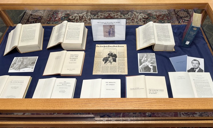 Bird's eye photograph of a display case with a number of books and journal articles.