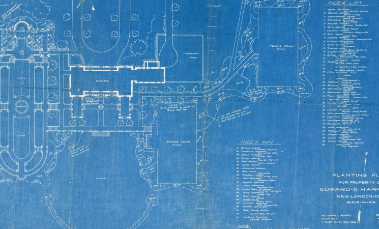 Exhibit title and blueprint of garden plan