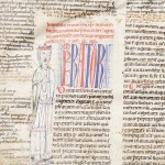 A historical manuscript page with a red and blue line drawing of an individual.