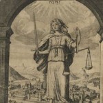 Print of Justitia, Lady Justice holding scales and a sword