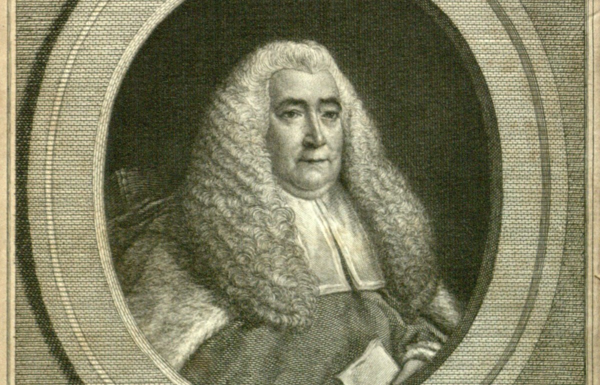 A historical illustration of Sir William Blackstone within a frame.