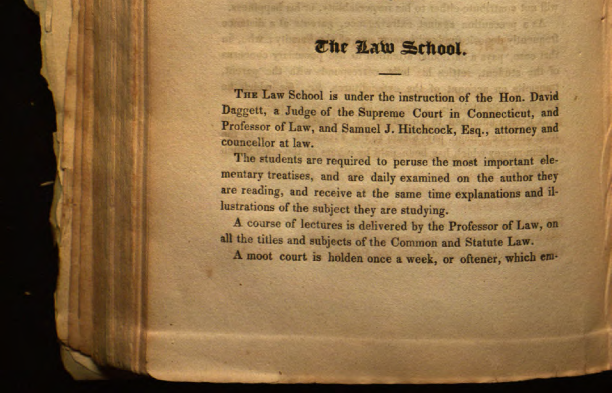 Scan of the 1826 University Catalogue showing the beginning of the law school entry