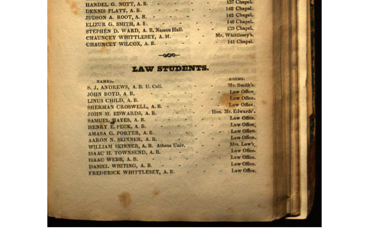 Scan of page 4 of the 1824 Yale University catalogue containing the names of the first law students mentioned