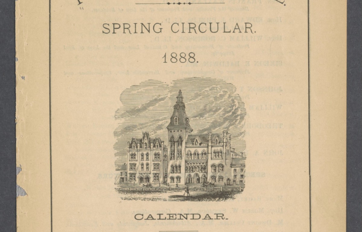 Photograph of the front page of the 1888 Spring Bulletin for the Yale Law School.