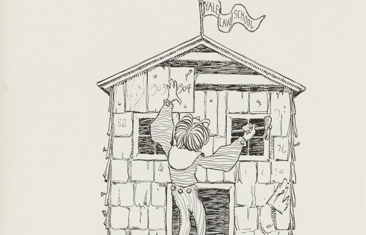 Rough illustration of someone nailing a shingle labeled "1904" on to a school house still in construction, the school house is labeled Yale Law School