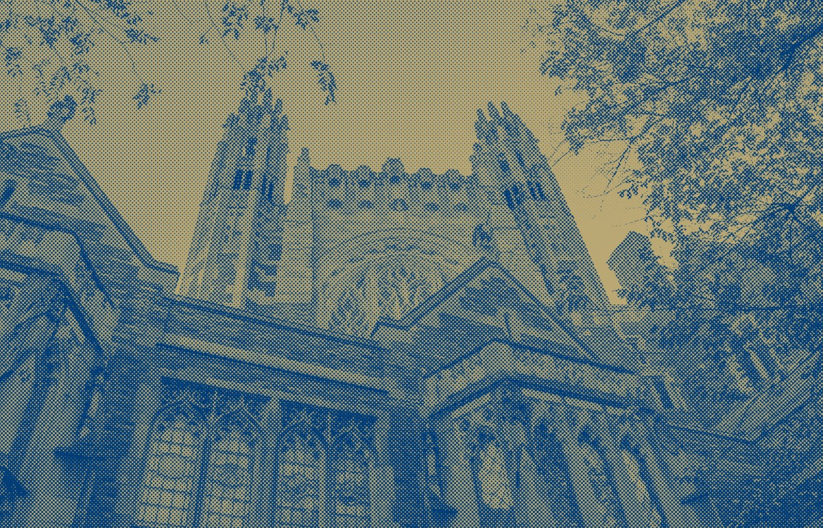 Photo of the front of the Yale Law School with a noise filter added.