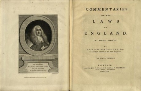 Scan of the first two pages of Blackstone's Commentaries on the Laws of England, with an image of William Blackstone