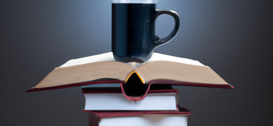 A steaming coffee cup on a law book