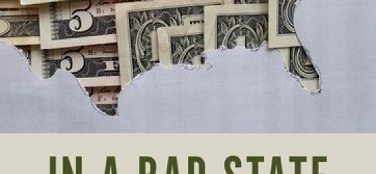 A book cover with an outline of the United States of America filled in with dollar bills of different denominations