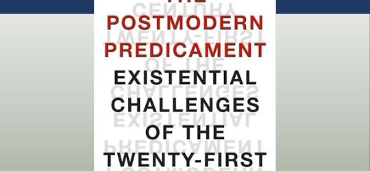 Blue poster with a bookcover titled "The Postmodern Predicament"