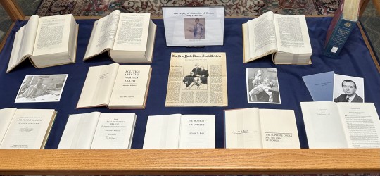 Bird's eye photograph of a display case with a number of books and journal articles.