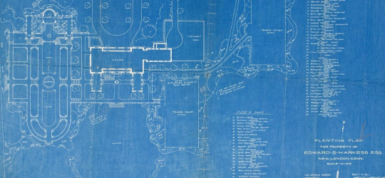 Exhibit title and blueprint of garden plan